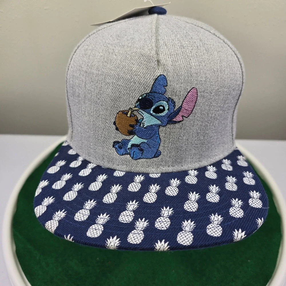 Disney Stitch Kids Snapback Hat Gray Pineapple Print Flat Bill Adjustable Cap
